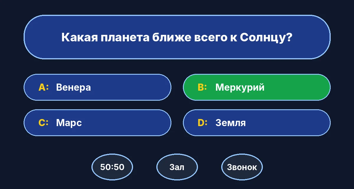 Вопрос в игре «Кто хочет стать миллионером» с подсказками